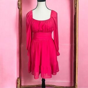 EXLURA Long Lantern Sleeve Square Neck Dress Elastic Waist Aline Pink Dress